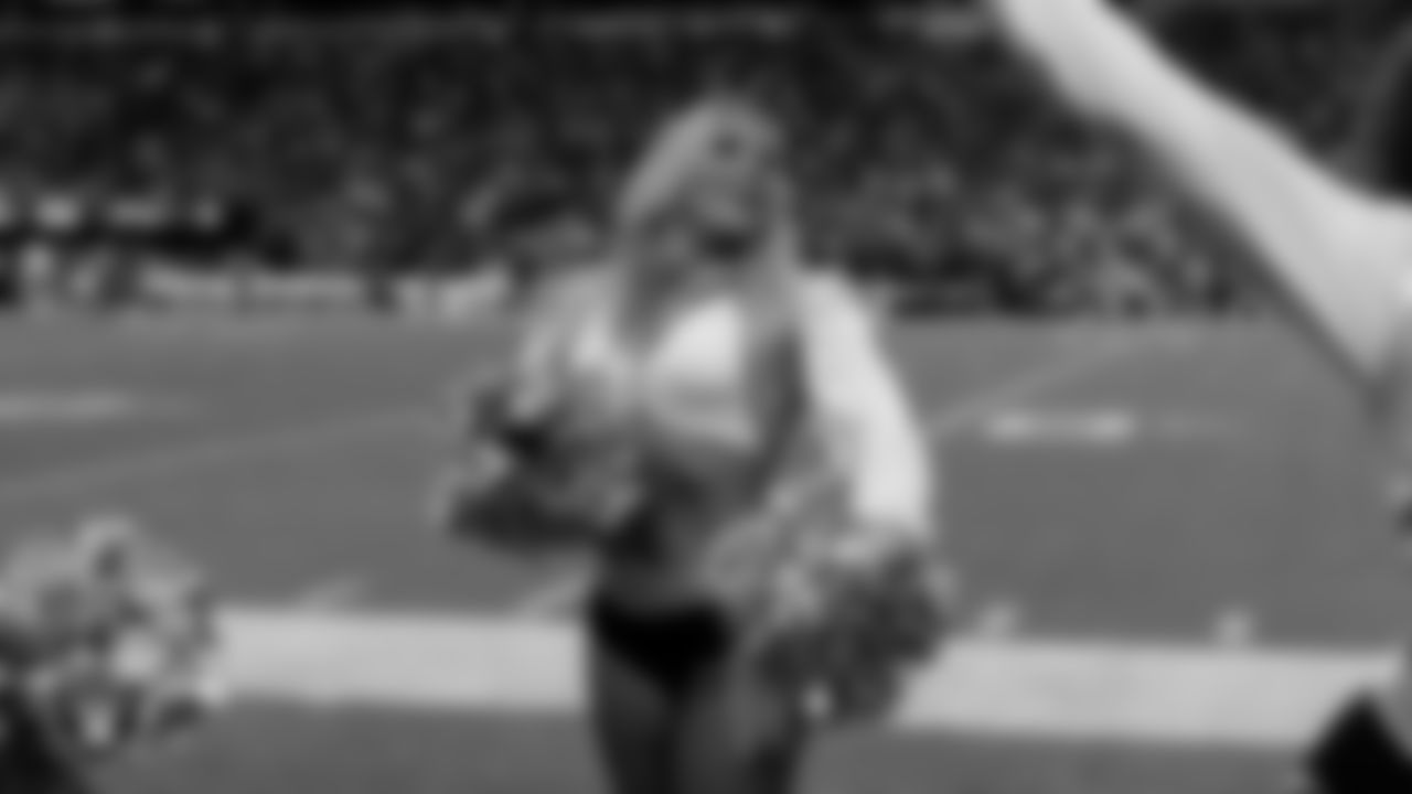 Raiderette Devyn on the sidelines during the regular season home game against the Cleveland Browns at Allegiant Stadium.