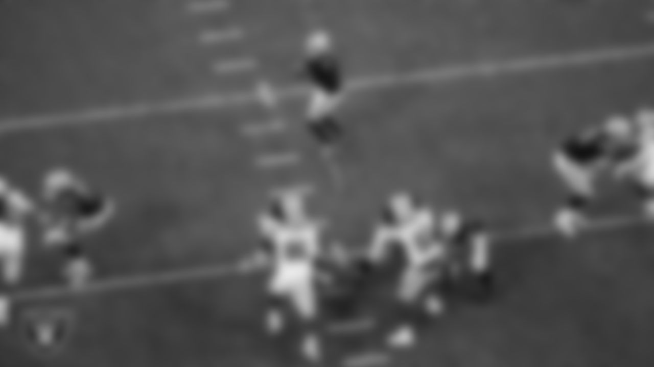 Las Vegas Raiders quarterback Geno Smith (7) looks for a receiver during the regular season home game against the Dallas Cowboys at Allegiant Stadium.