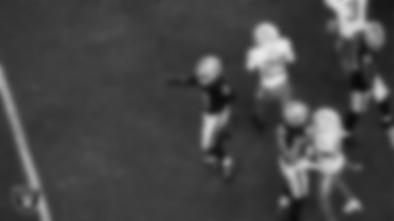 Las Vegas Raiders running back Ashton Jeanty (2) celebrates after making a first down the regular season home game against the Los Angeles Chargers at Allegiant Stadium.