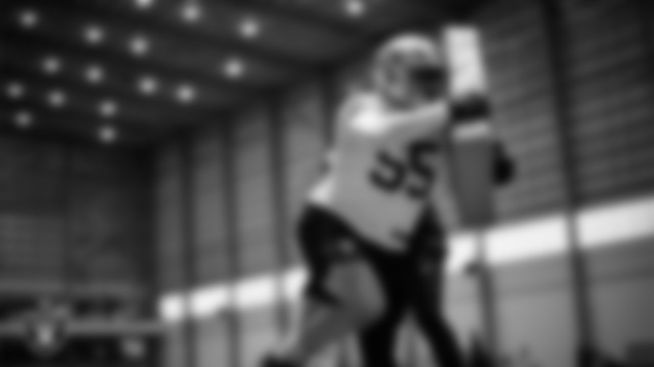 Las Vegas Raiders linebacker Cody Lindenberg (55) during practice at Intermountain Health Performance Center.