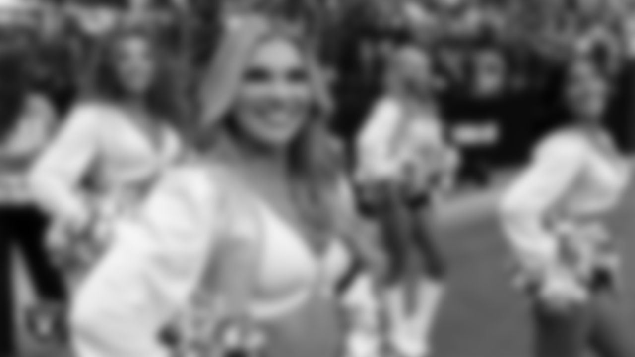 Raiderette Ali on the sidelines during the preseason home game against the San Francisco 49ers at Allegiant Stadium.