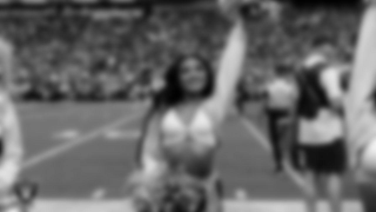 Raiderette Sloane on the sidelines during the regular season home game against the Denver Broncos at Allegiant Stadium.