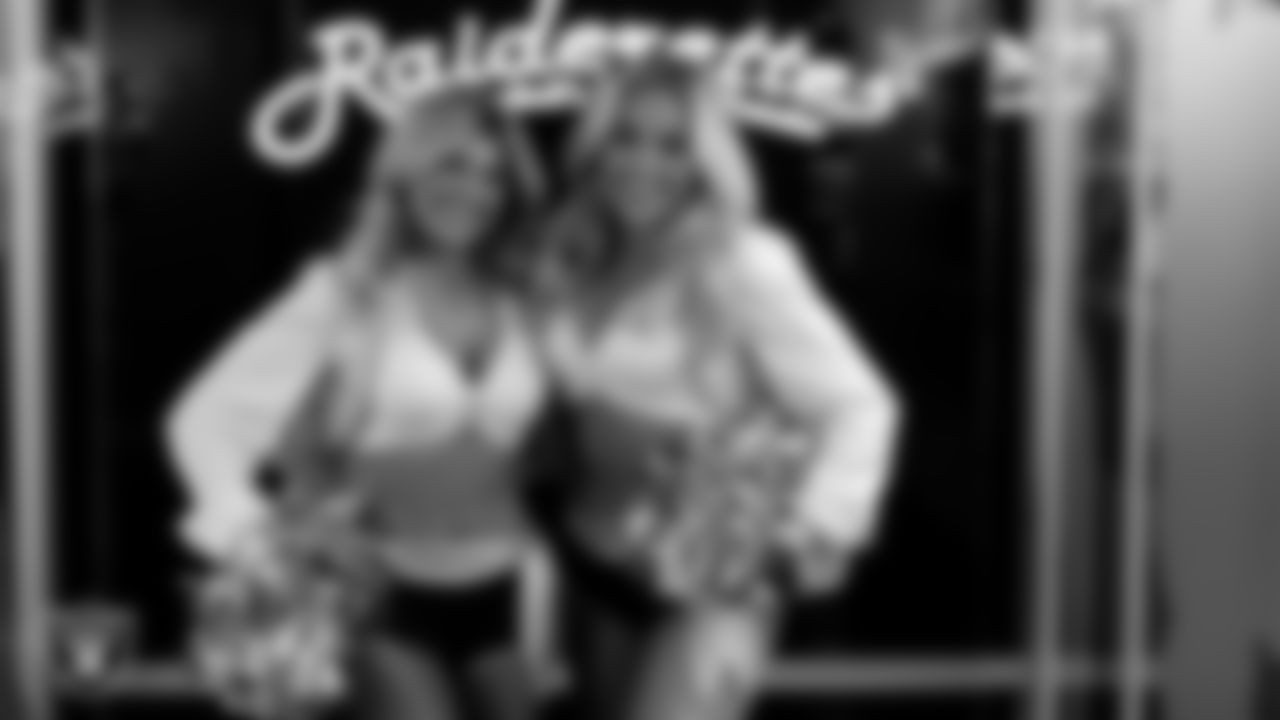 Raiderettes Isabella and Devyn in the locker room before the regular season home game against the Cleveland Browns at Allegiant Stadium.
