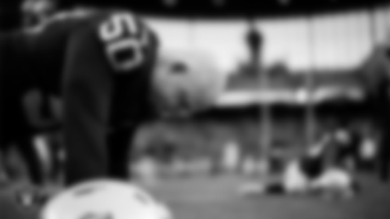 Las Vegas Raiders long snapper Jacob Bobenmoyer (50) warming up before the regular season home game against the Denver Broncos at Allegiant Stadium.