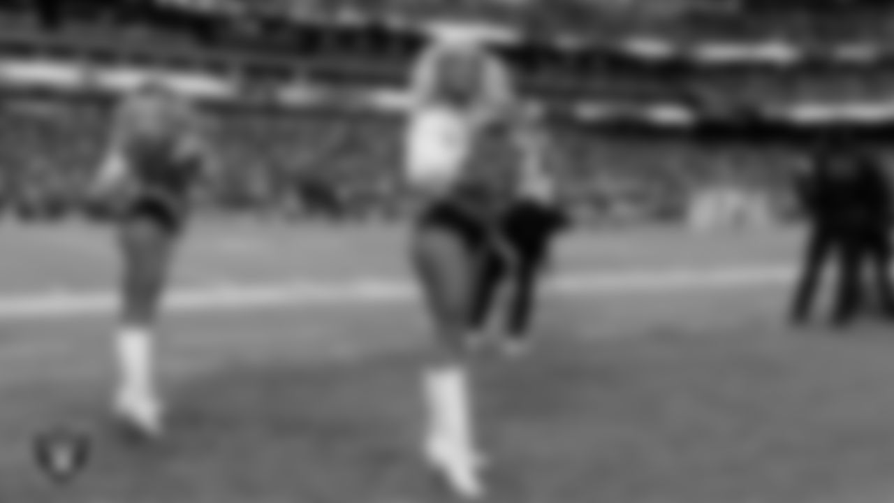Raiderette Pip performs on the sidelines during the regular season home game against the Tennessee Titans at Allegiant Stadium.