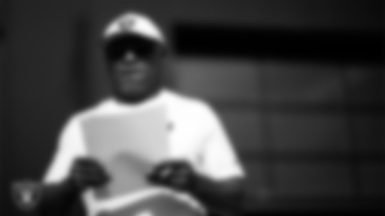 Las Vegas Raiders defensive backs coach Marcus Robertson during practice at Intermountain Health Performance Center.