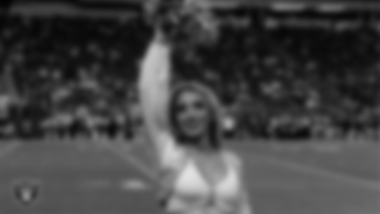 Raiderette Hayley on the sidelines during the regular season home game against the New York Giants at Allegiant Stadium.