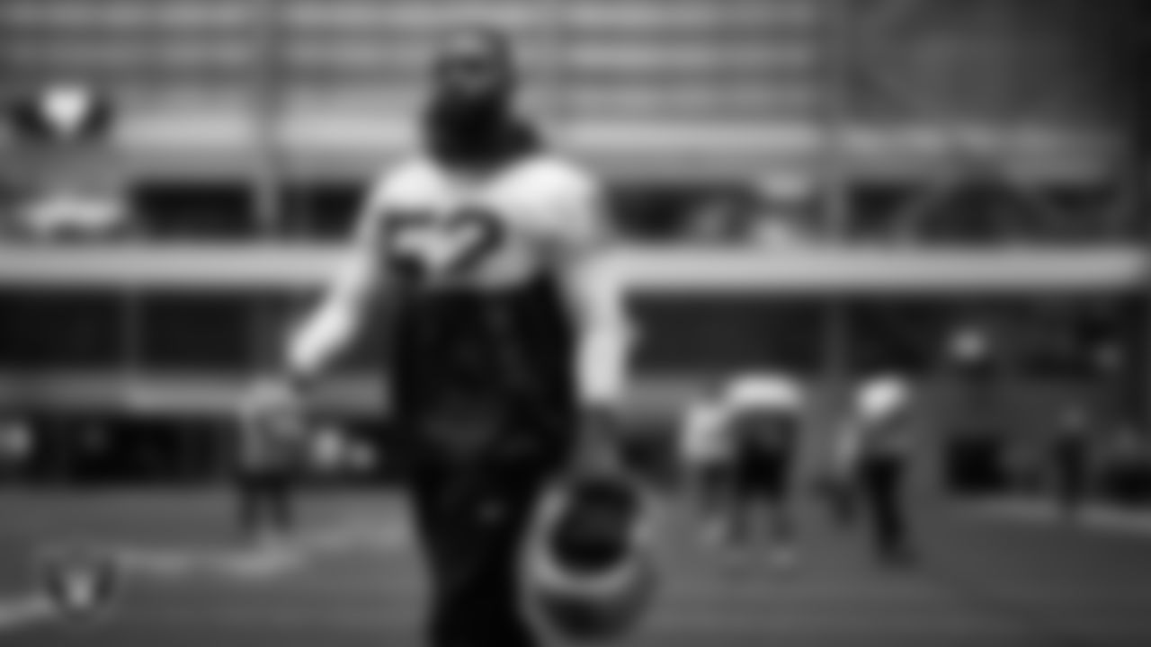 Las Vegas Raiders linebacker Elandon Roberts (52) during practice at Intermountain Health Performance Center.