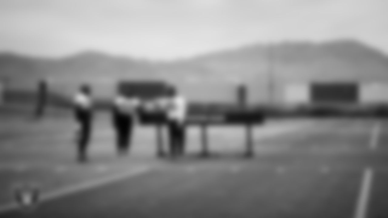 Las Vegas Raiders linebacker Jamal Adams (33), linebacker Elandon Roberts (52) and linebacker Devin White (45) during practice at Intermountain Health Performance Center.