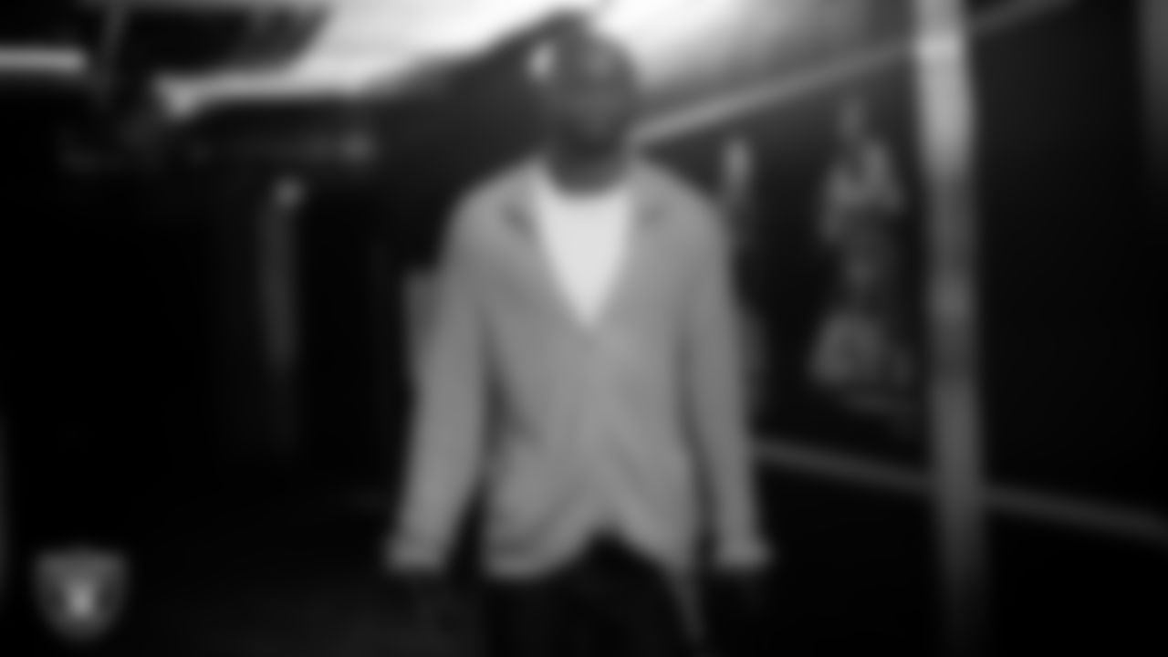 Las Vegas Raiders cornerback Kyu Blu Kelly (36) arrives to the regular season home game against the Denver Broncos at Allegiant Stadium.