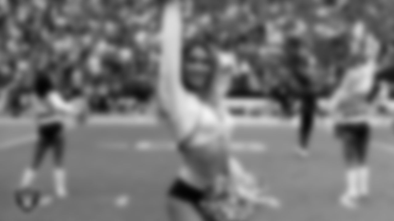 Raiderette Jenna during player introductions before the regular season home game against the Chicago Bears at Allegiant Stadium.