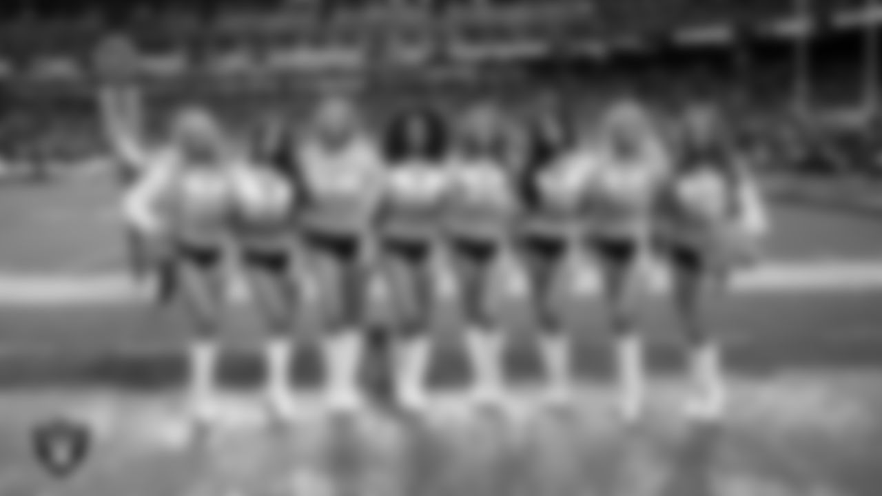 Line 4 of the Raiderettes on the sidelines during the regular season home game against the Kansas City Chiefs at Allegiant Stadium.