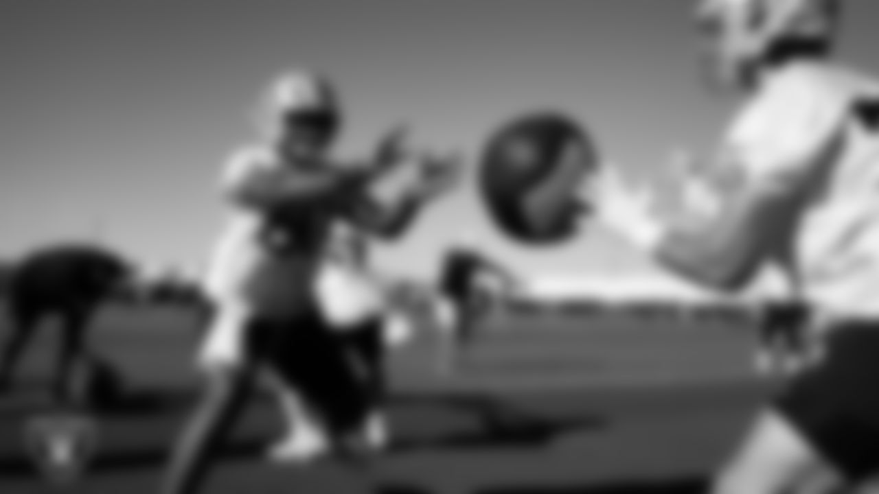 Las Vegas Raiders tackle Charles Grant (60) on the field for practice at 2025 Training Camp at Intermountain Health Performance Center.