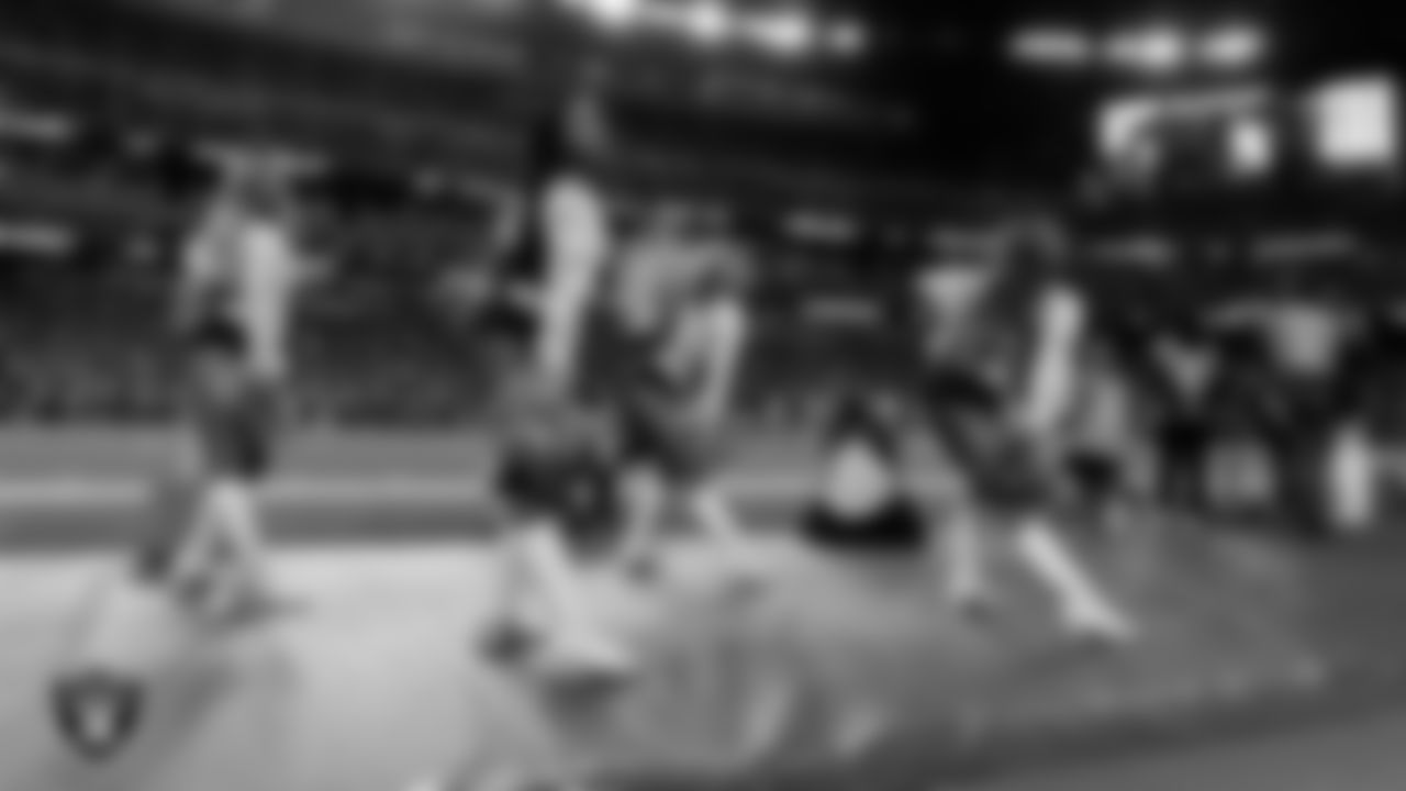 Line 4 of the Raiderettes performs on the sidelines during the regular season home game against the Cleveland Browns at Allegiant Stadium.
