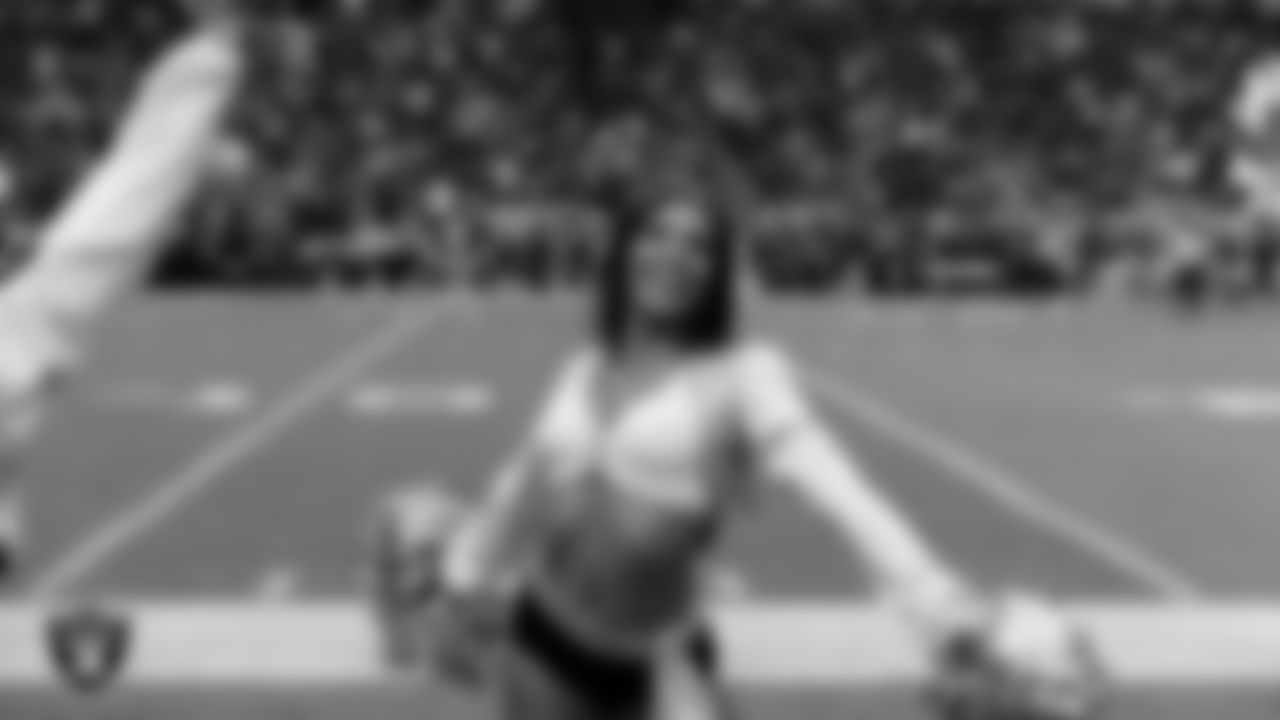 Raiderette Ashtin on the sidelines during the regular season home game against the Cleveland Browns at Allegiant Stadium.