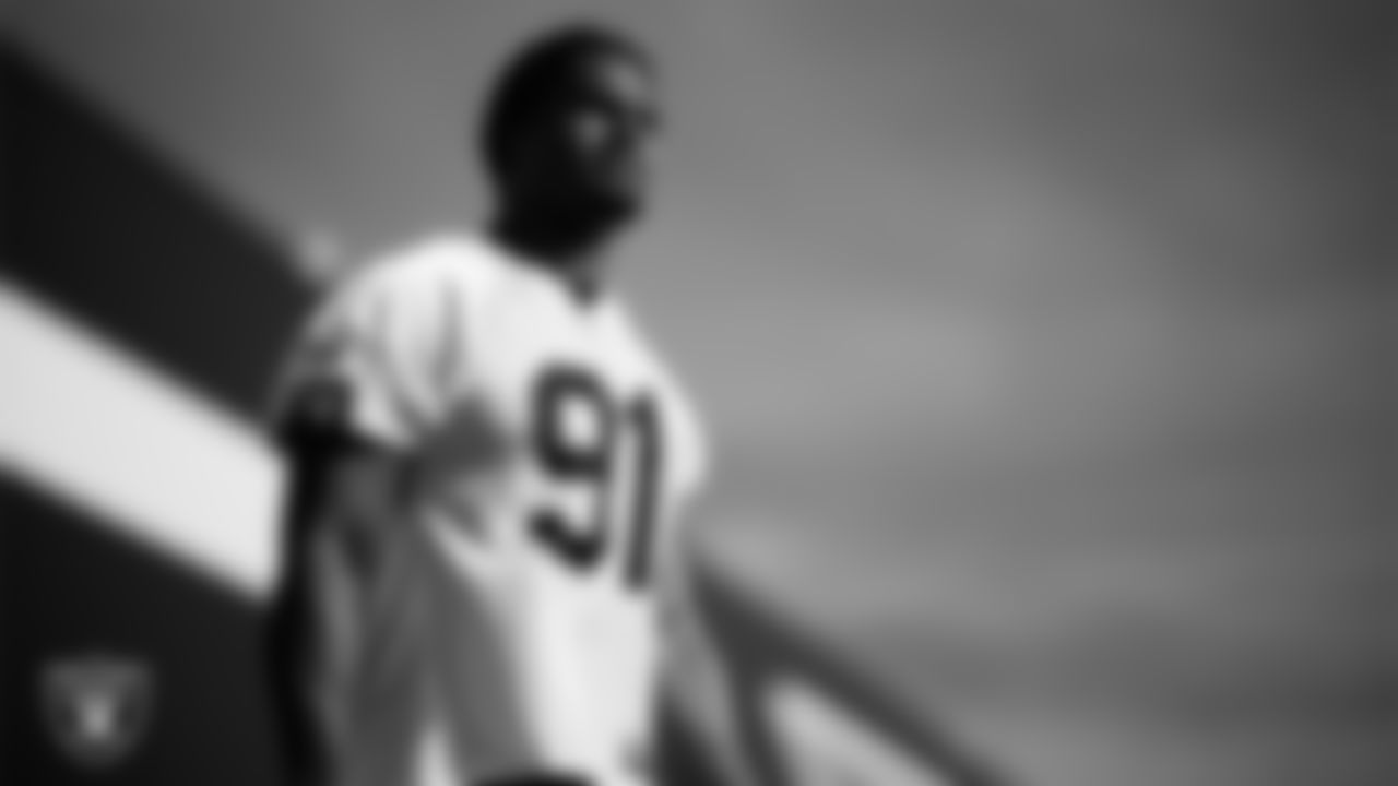 Las Vegas Raiders defensive end Jahfari Harvey (91) during practice at Intermountain Health Performance Center.