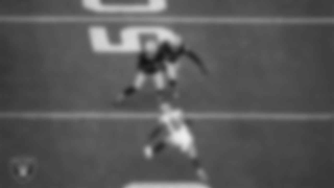 Las Vegas Raiders safety Jeremy Chinn (11) runs after intercepting a pass during the preseason home game against the San Francisco 49ers at Allegiant Stadium.