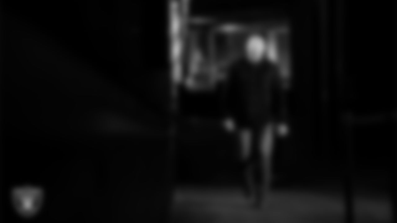 Las Vegas Raiders long snapper Jacob Bobenmoyer (50) arrives to the regular season home game against the Kansas City Chiefs at Allegiant Stadium.