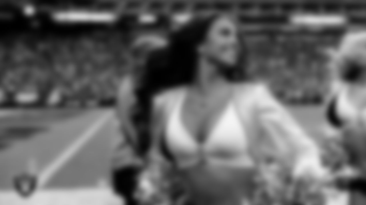 Raiderette Raegen performs on the sidelines during the regular season home game against the Cleveland Browns at Allegiant Stadium.