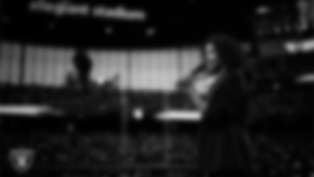 Actress and singer Renee Elise Goldsberry performs the national anthem before the Las Vegas Raiders' regular season home game against the Jacksonville Jaguars at Allegiant Stadium.