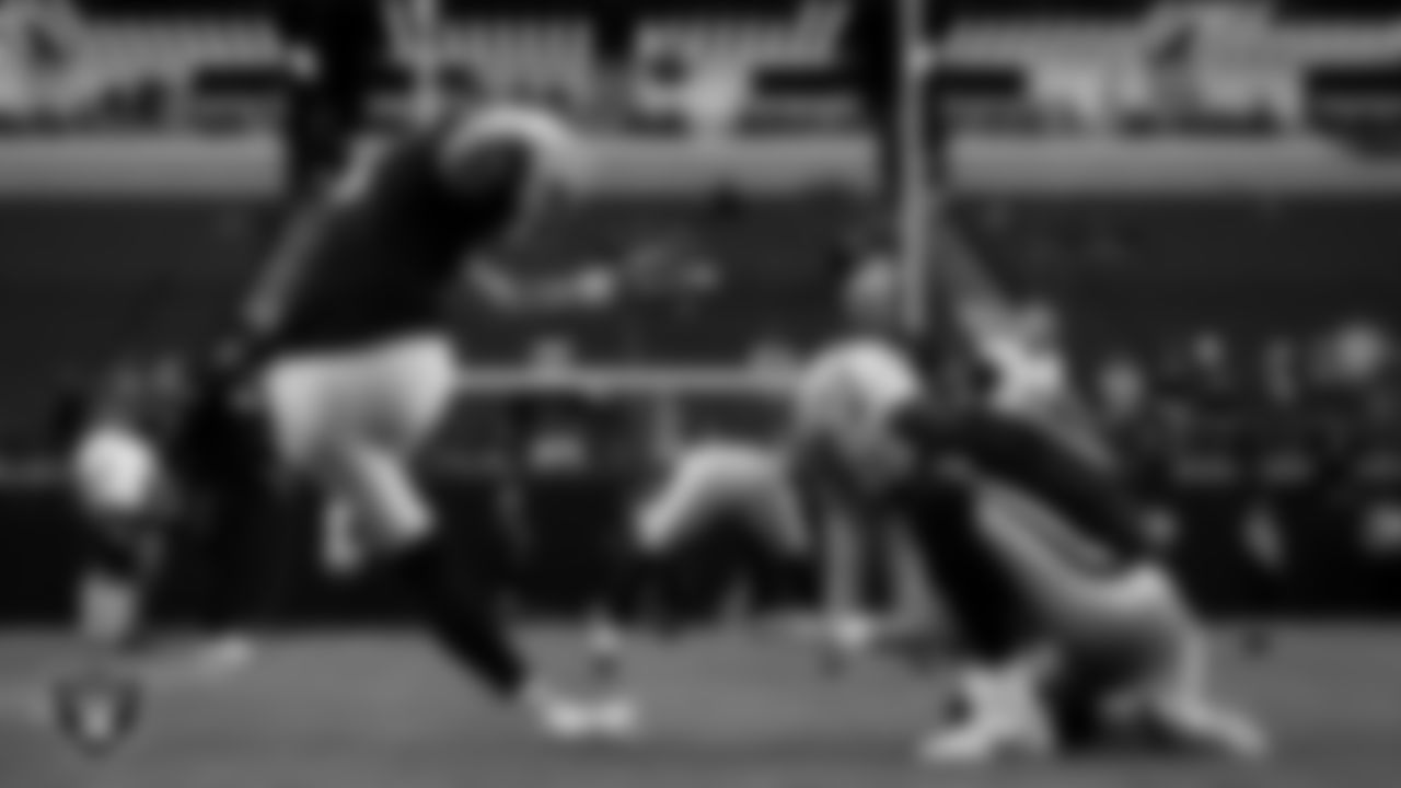 Las Vegas Raiders kicker Daniel Carlson (8) and punter AJ Cole (6) warming up before the regular season home game against the Jacksonville Jaguars at Allegiant Stadium.