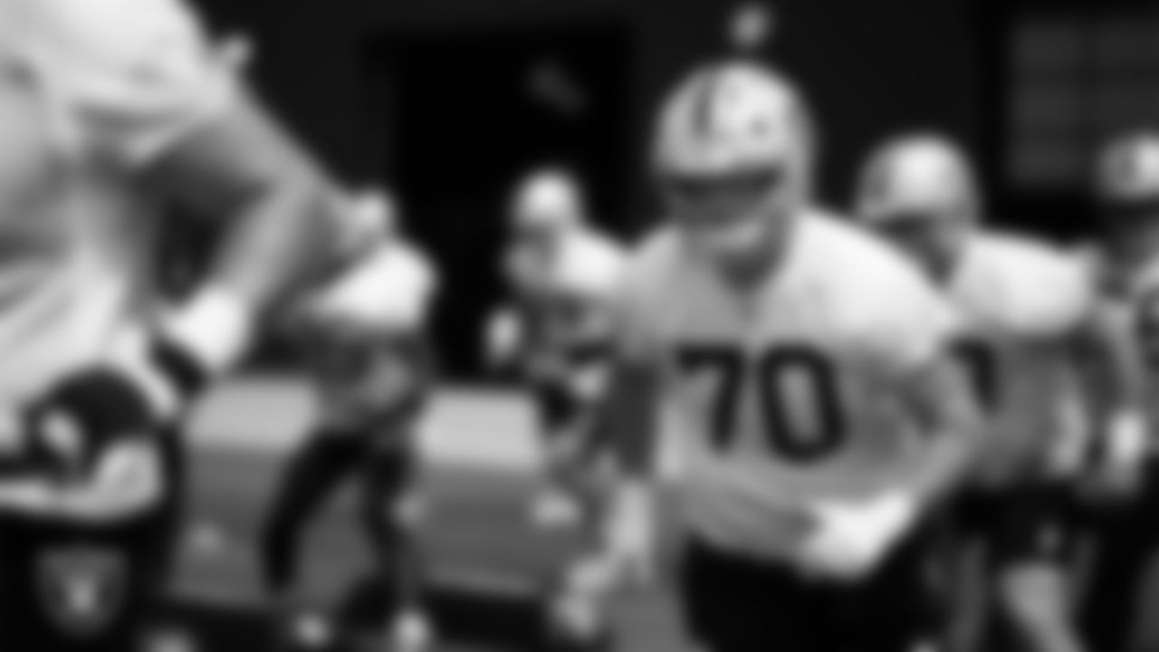 Las Vegas Raiders tackle Parker Clements (70) at an Organized Team Activity (OTA) at Intermountain Health Performance Center.