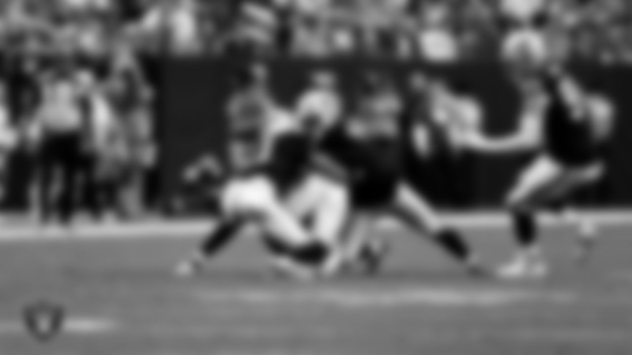 Las Vegas Raiders safety Jeremy Chinn (11) and linebacker Devin White (45) during the regular season home game against the Denver Broncos at Allegiant Stadium.