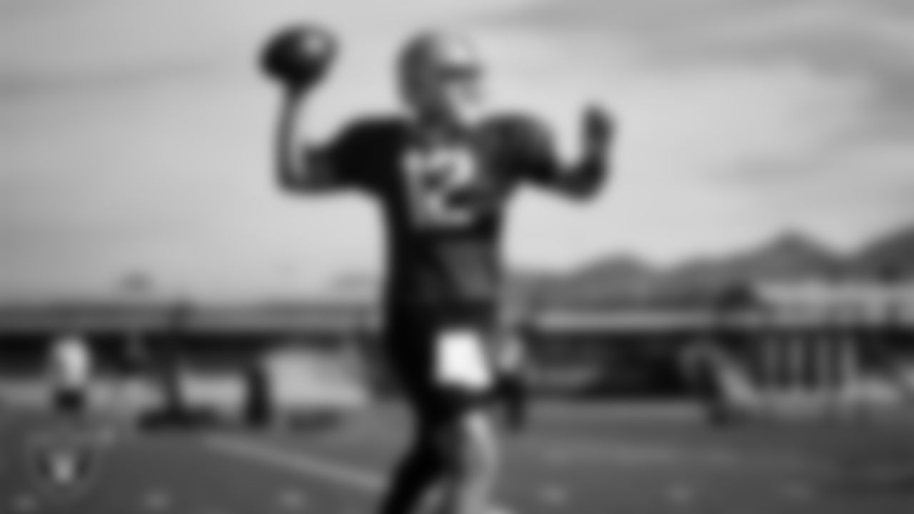 Las Vegas Raiders quarterback Aidan O'Connell (12) during practice at Intermountain Health Performance Center.