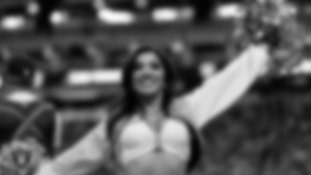 Raiderette Tatiana on the sidelines during the regular season home game against the Denver Broncos at Allegiant Stadium.