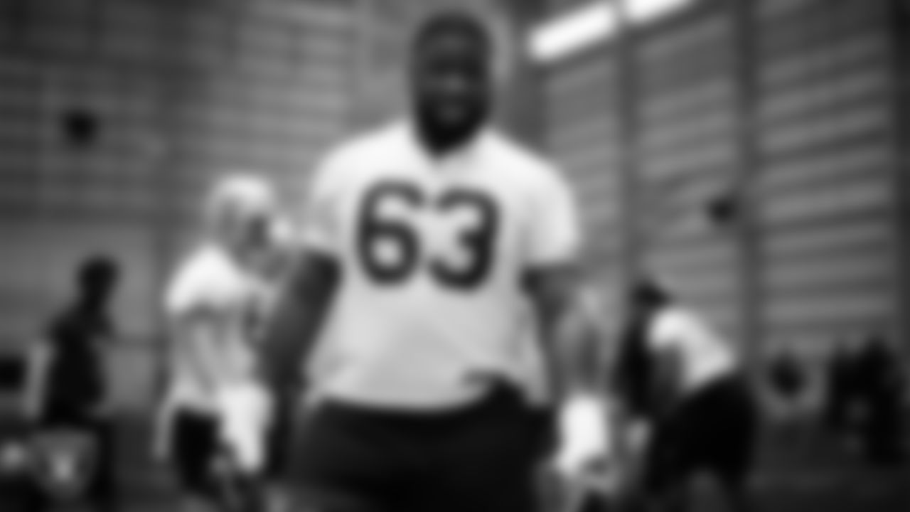 Las Vegas Raiders guard McClendon Curtis (63) during practice at Intermountain Health Performance Center.