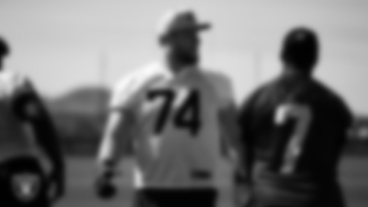 Las Vegas Raiders tackle Kolton Miller (74) at a workout during phase two of the offseason program at Intermountain Health Performance Center.