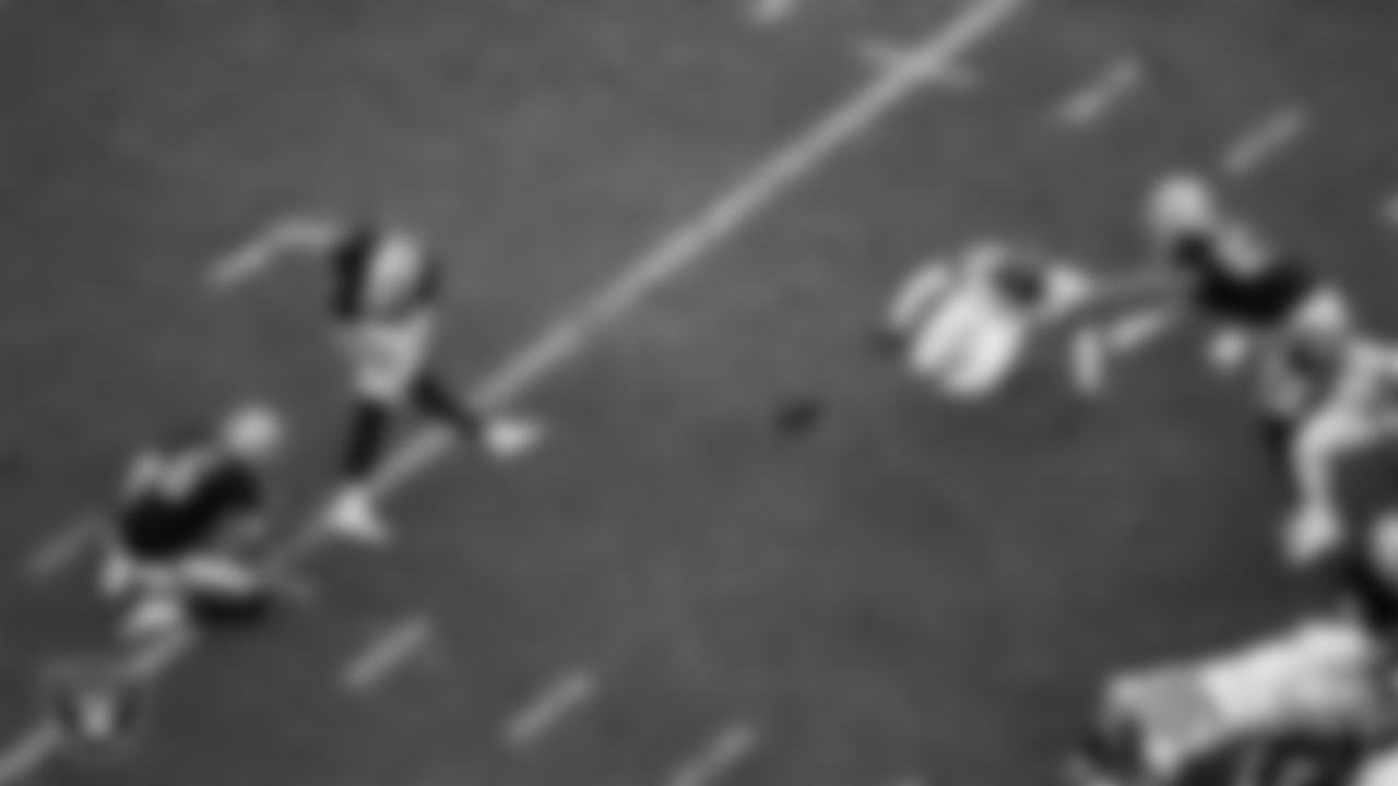 Las Vegas Raiders kicker Daniel Carlson (8) kicks a 50-yard field goal during the regular season home game against the Tennessee Titans at Allegiant Stadium.