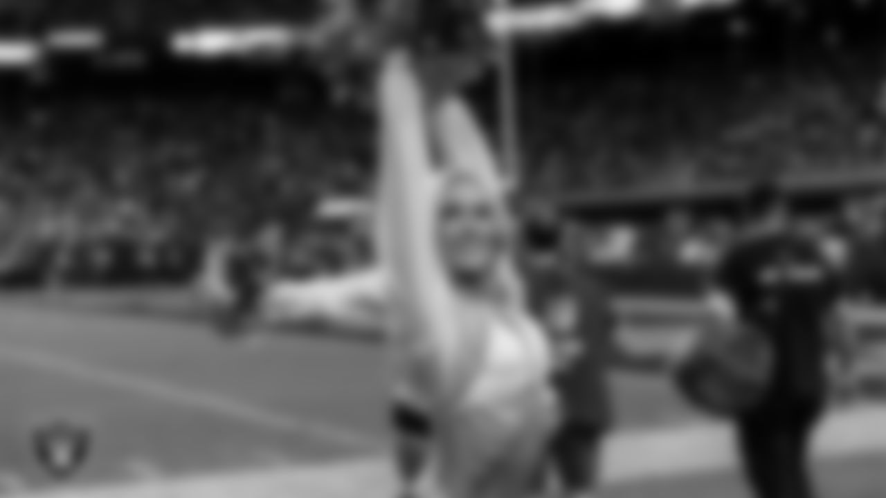 Raiderette Kennedy on the sidelines during the regular season home game against the Los Angeles Chargers at Allegiant Stadium.