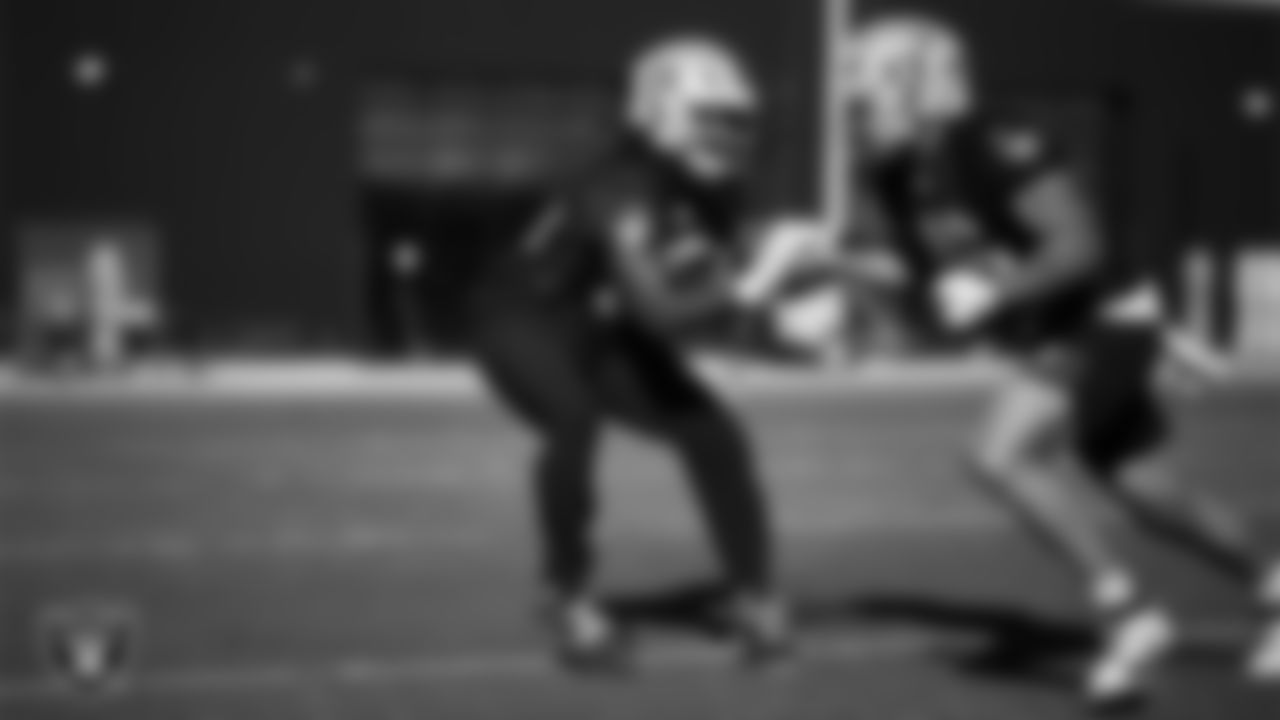 Las Vegas Raiders tight end Ian Thomas (80) and tight end Carter Runyon (46) during practice at Intermountain Health Performance Center.