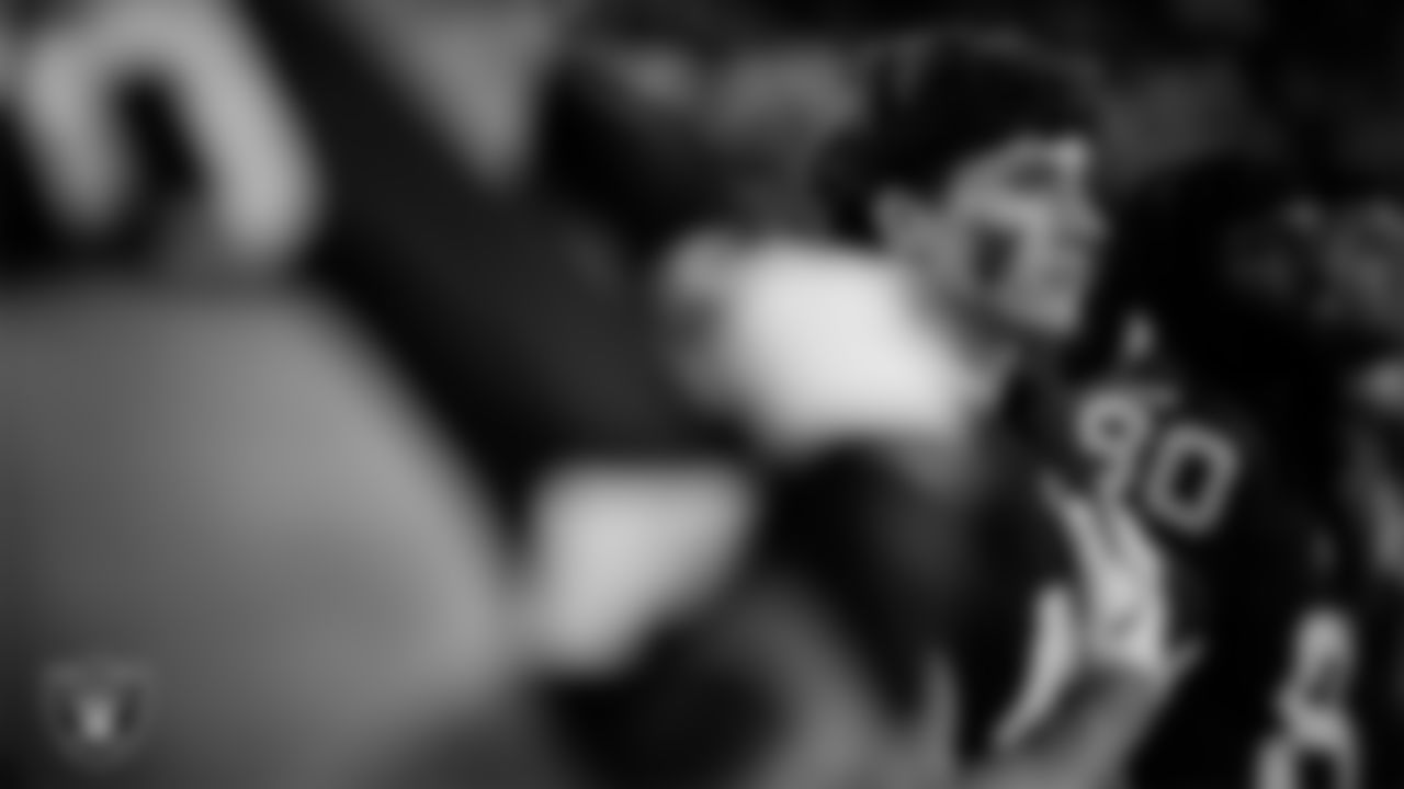 Las Vegas Raiders tight end Carter Runyon (46) during the national anthem before the regular season home game against the Dallas Cowboys at Allegiant Stadium.