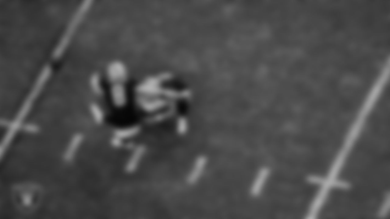 Las Vegas Raiders kicker Daniel Carlson (8) kicks a 32-yard field goal during the regular season home game against the Kansas City Chiefs at Allegiant Stadium.