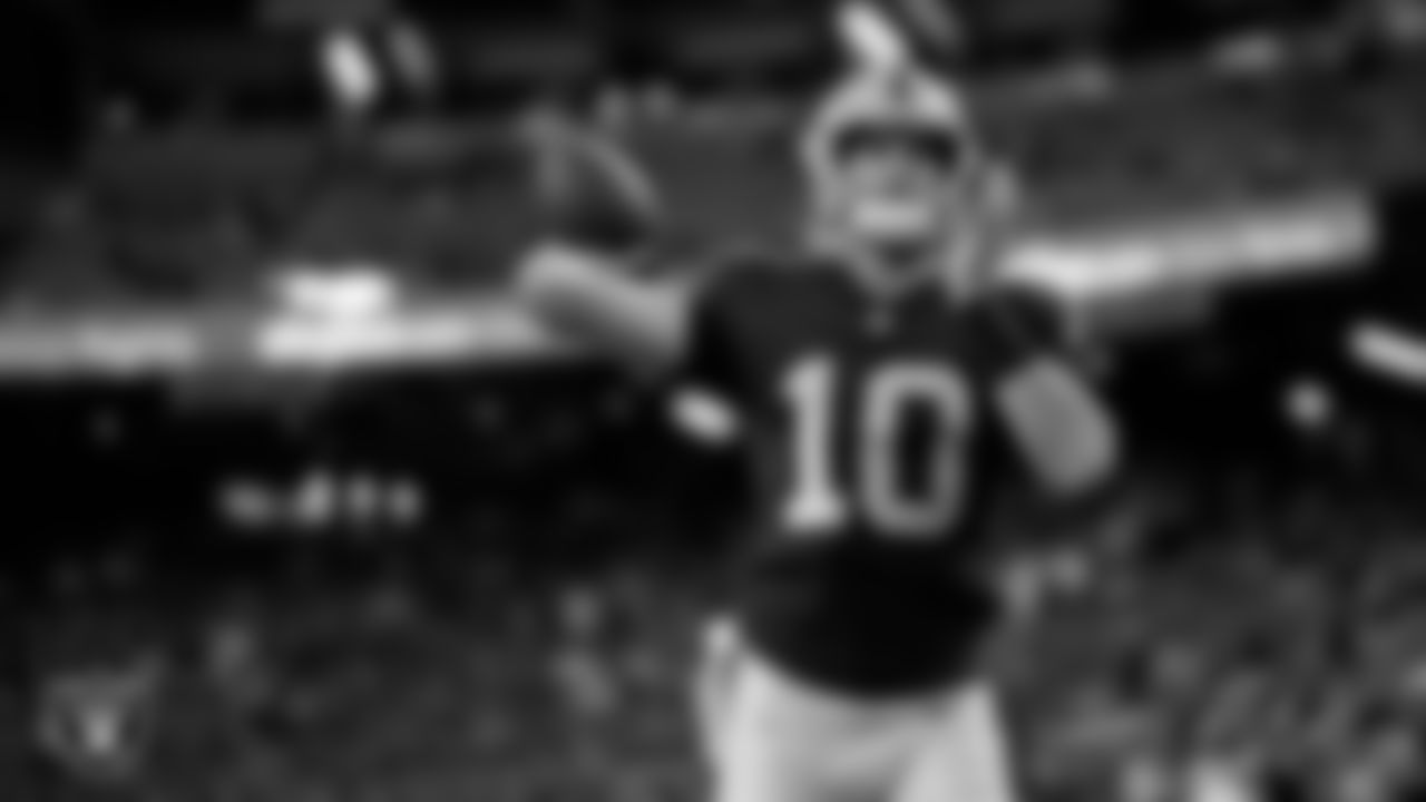 Las Vegas Raiders quarterback Nathan Peterman (10) warming up before the preseason home game against the San Francisco 49ers at Allegiant Stadium.