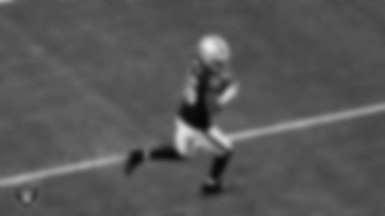 Las Vegas Raiders wide receiver Jakobi Meyers (16) runs after making a catch during the regular season home game against the Jacksonville Jaguars at Allegiant Stadium.