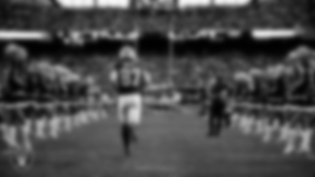 Las Vegas Raiders tight end Michael Mayer (87) is introduced onto the field before the regular season home game against the New York Giants at Allegiant Stadium.