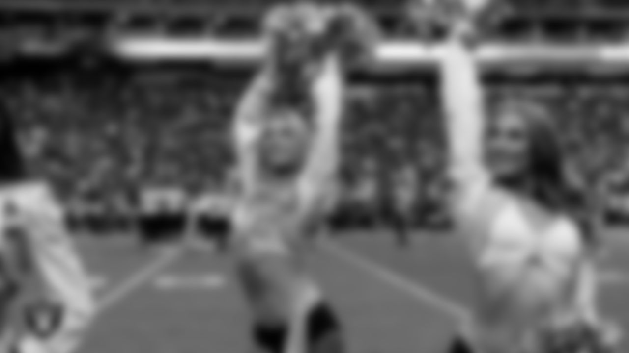 Raiderette Delaney on the sidelines during the regular season home game against the Jacksonville Jaguars at Allegiant Stadium.