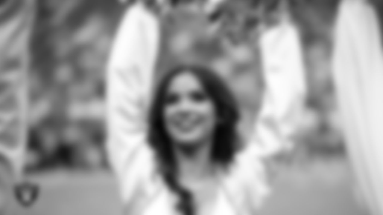 Raiderette Reagan on the sidelines during the preseason home game against the San Francisco 49ers at Allegiant Stadium.