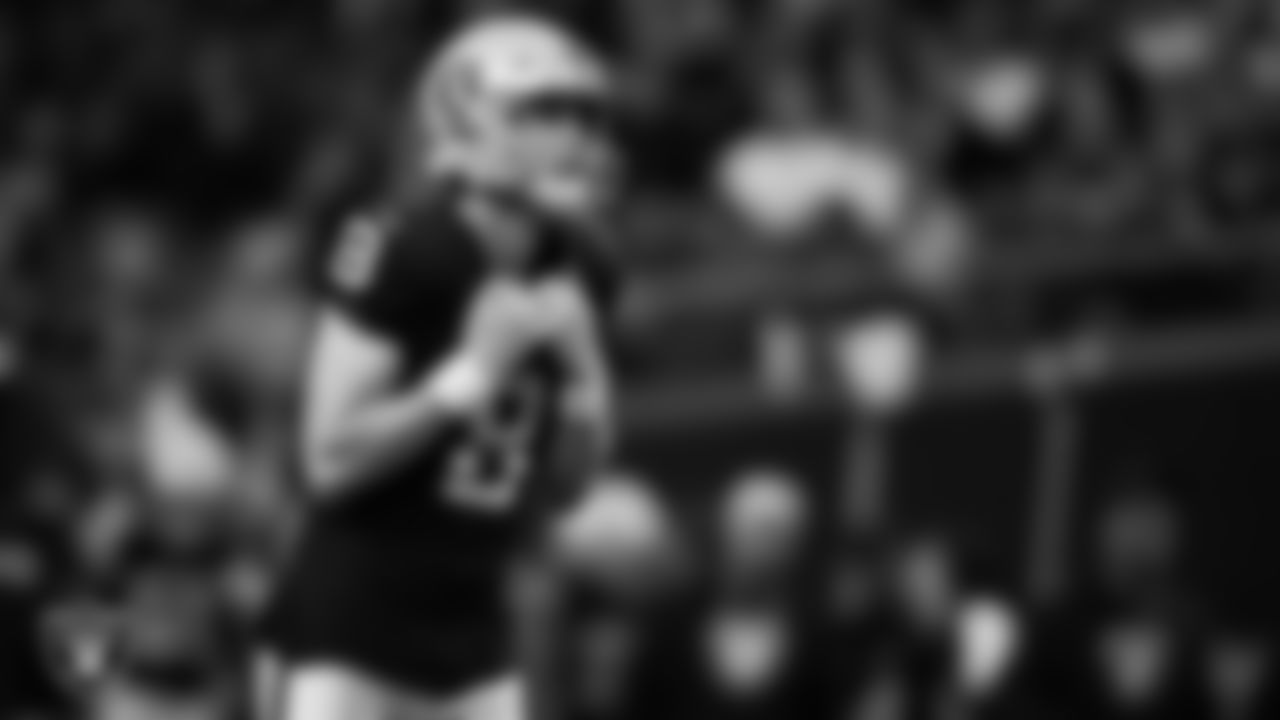 Las Vegas Raiders kicker Daniel Carlson (8) lines up before kicking a 23-yard field goal during the regular season home game against the Kansas City Chiefs at Allegiant Stadium.