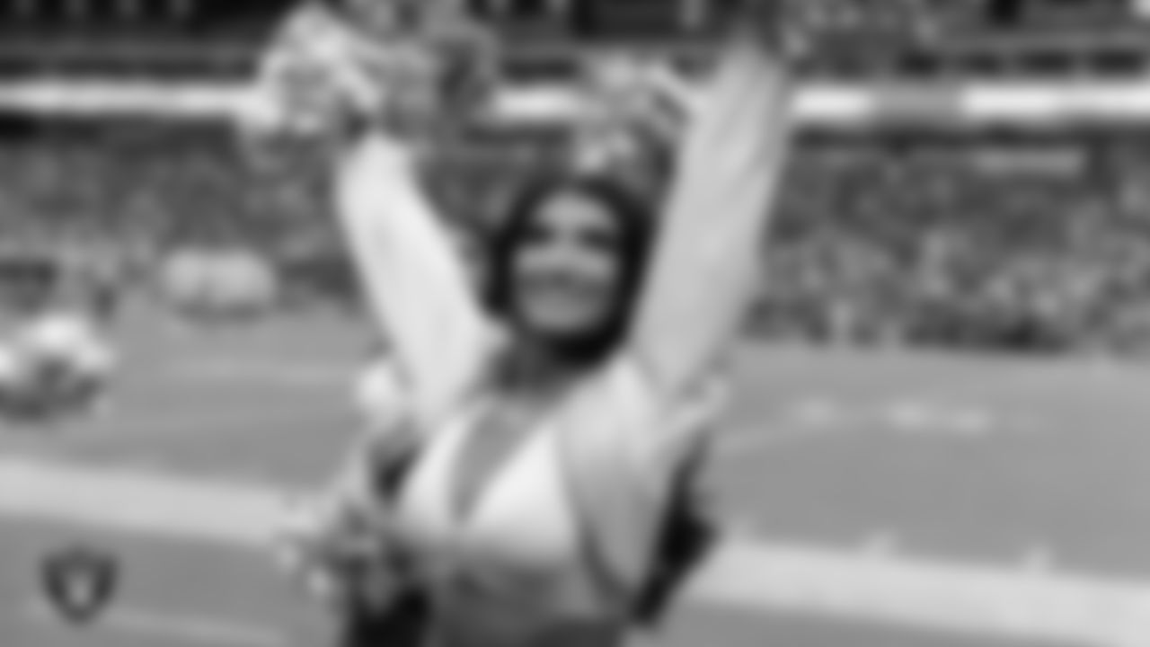 Raiderette Kylee on the sidelines during the preseason home game against the San Francisco 49ers at Allegiant Stadium.