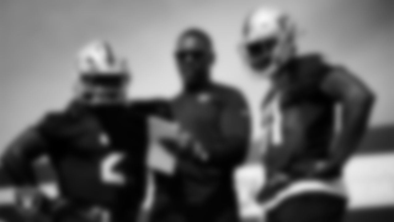 Las Vegas Raiders running back Ashton Jeanty (2), running backs coach Deland McCullough and running back Raheem Mostert (31) during practice at Intermountain Health Performance Center.