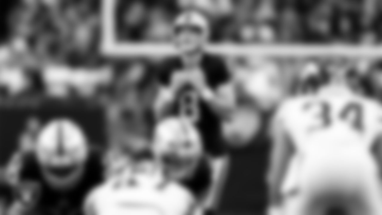 Las Vegas Raiders kicker Daniel Carlson (8) lines up before kicking a 42-yard field goal during the regular season home game against the New York Giants at Allegiant Stadium.