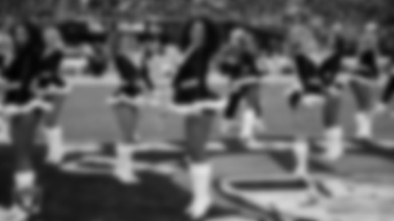 Raiderette Shayla performs on the field before the regular season home game against the New York Giants at Allegiant Stadium.