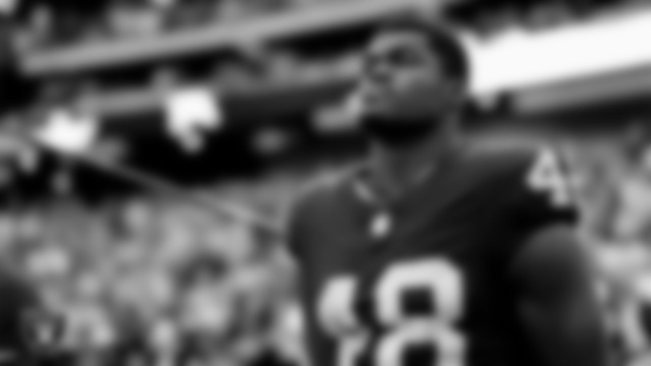Las Vegas Raiders linebacker Jamin Davis (48) during the national anthem before the regular season home game against the Kansas City Chiefs at Allegiant Stadium.