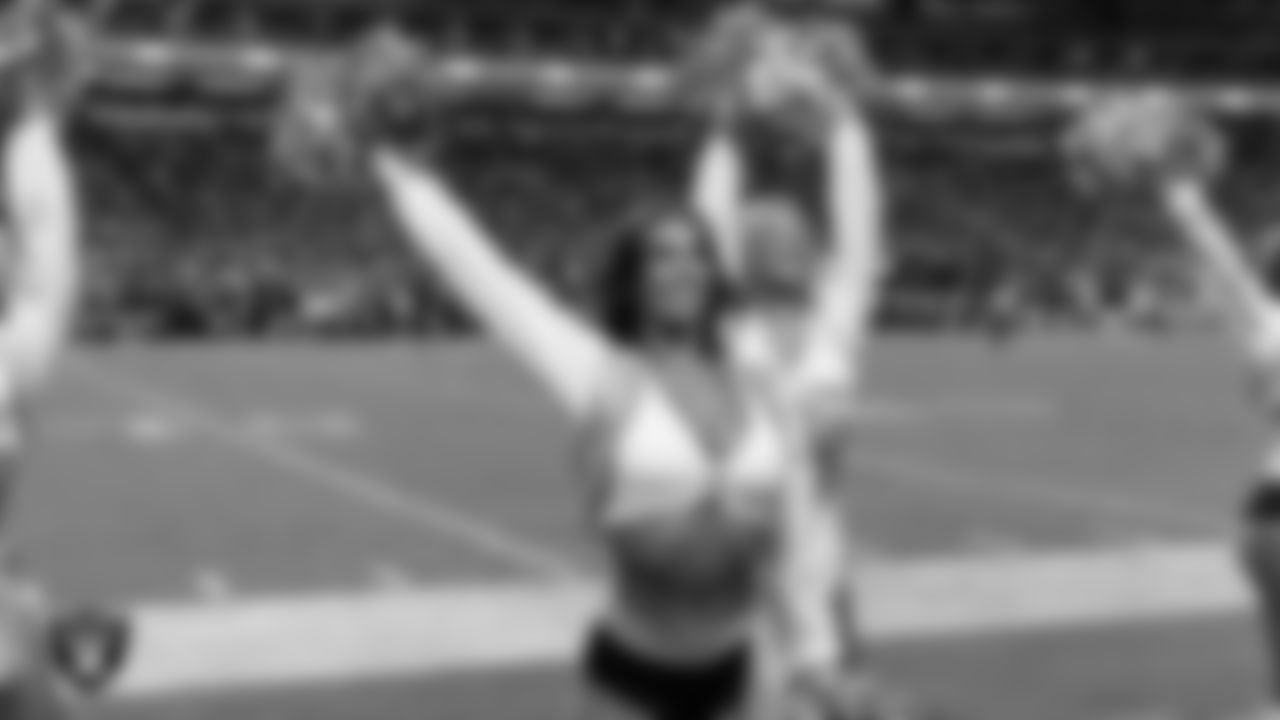 Raiderette Raegen on the sidelines during the regular season home game against the Los Angeles Chargers at Allegiant Stadium.