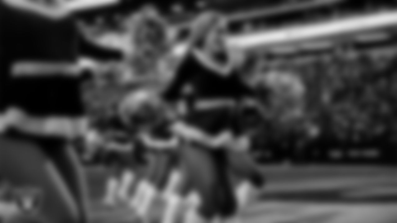 Raiderette Madisyn performs on the field during the regular season home game against the New York Giants at Allegiant Stadium.