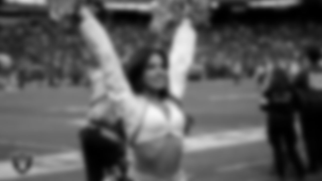 Raiderette Annalise on the sidelines during the regular season home game against the Kansas City Chiefs at Allegiant Stadium.